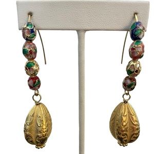 HAND CRAFTED Pierced Earrings Cloisonnés Gold Statement Drops Marquis Ear Wires